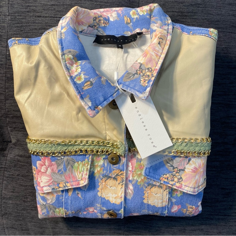 Endless Rose Blue and Tan Floral Jean Jacket - Picture 13 of 16